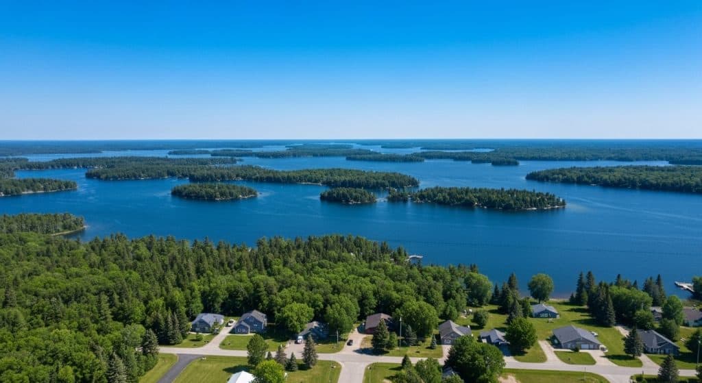 Aerial view of a residential neighborhood surrounded by dense green trees, with a large blue lake and several small forested islands in the background under a clear sky.