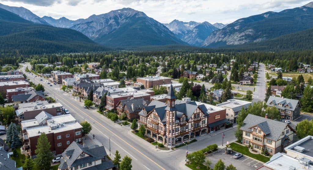 Aerial view of a small mountain town with Alpine-style buildings, tree-lined streets, and forested mountains in the background under a cloudy sky.