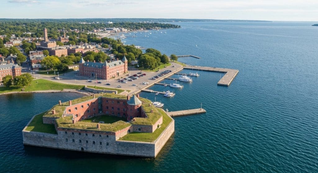 Aerial view of a historic brick fort surrounded by water, with a marina, parking lot, and buildings in the background along the shoreline.
