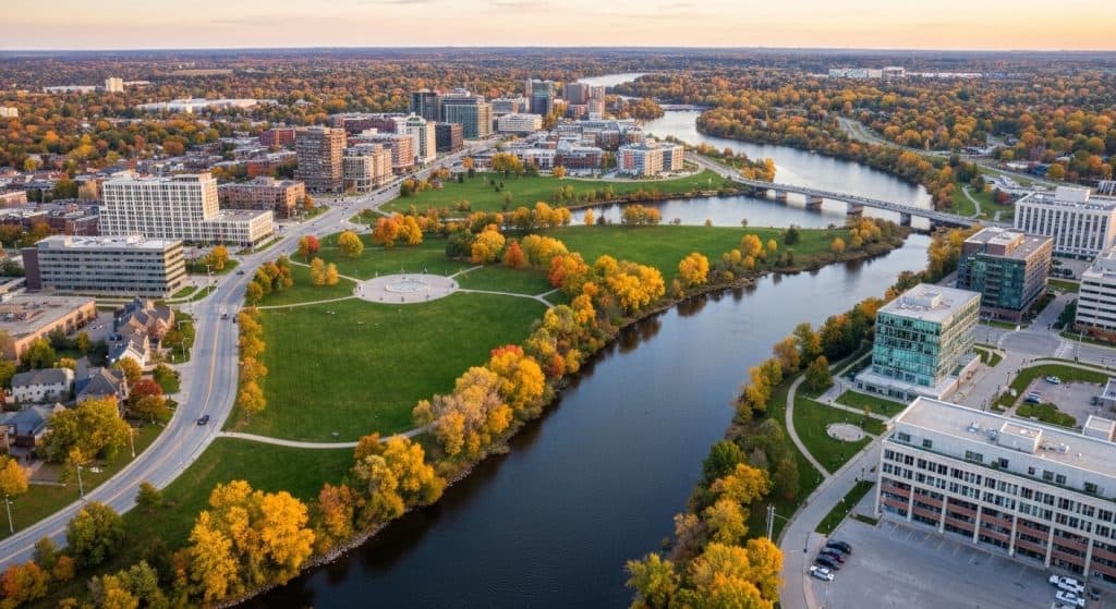 Aerial view of a cityscape with office buildings, a river, bridges, and a large park with autumn trees during sunset.