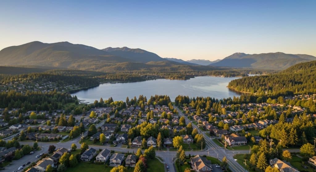 Aerial view of a suburban neighborhood with houses surrounded by trees, a lake in the middle ground, and mountains in the background under a clear sky.