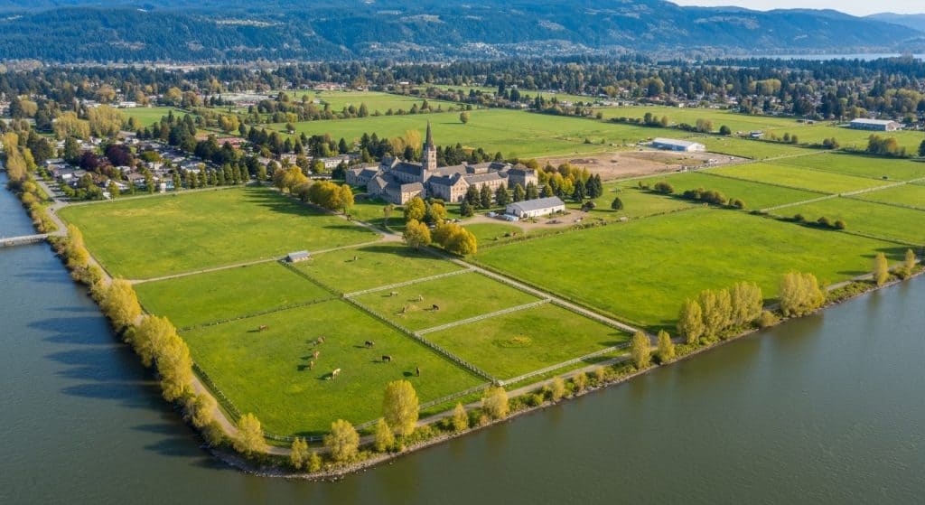 Aerial view of green farmland with scattered buildings and grazing animals, bordered by a river, with mountains and forests in the background.