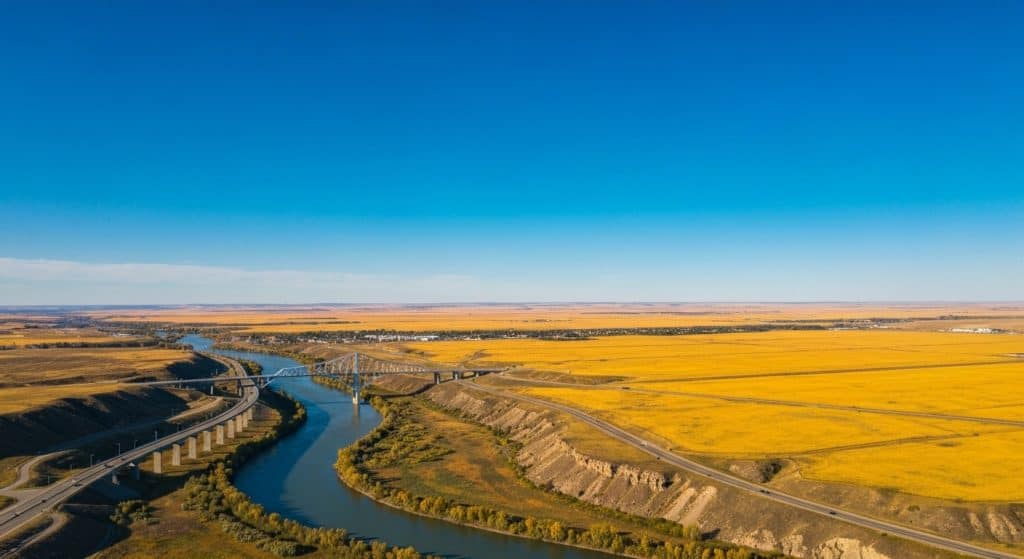 A river curves through a rural landscape with bridges crossing over it, surrounded by fields and open plains beneath a clear blue sky.