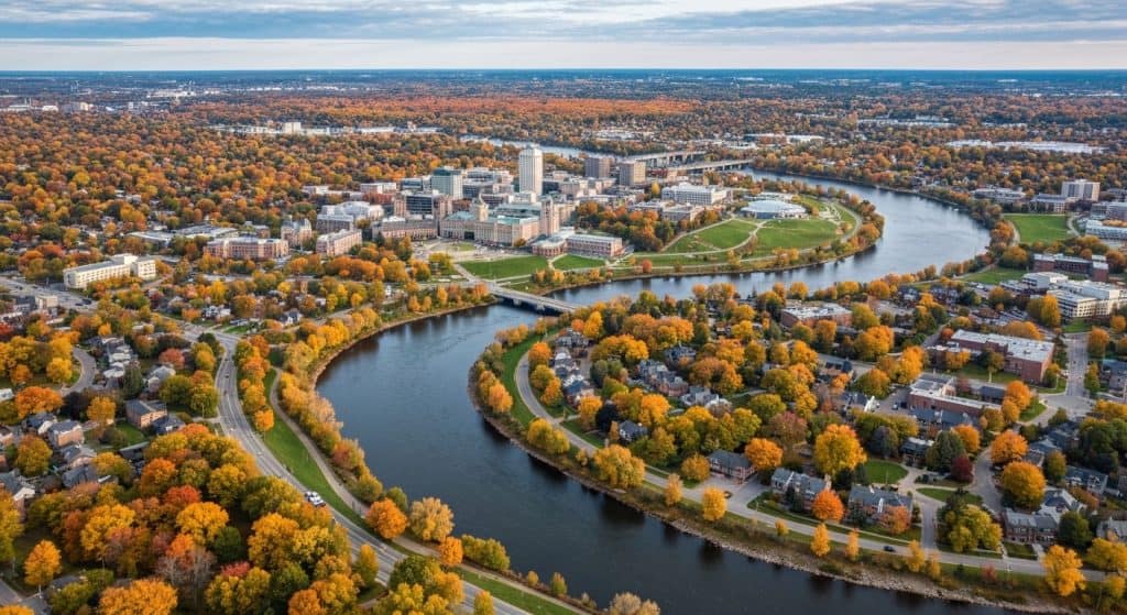 Aerial view of a city with a winding river, surrounded by residential areas and trees with autumn foliage under a partly cloudy sky.