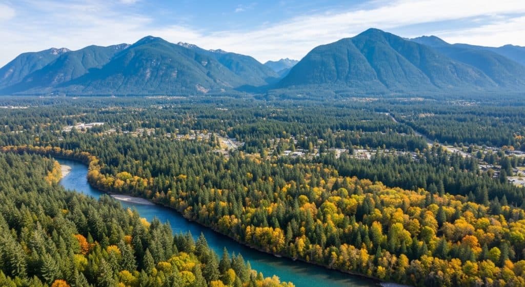 Aerial view of a winding river surrounded by dense forest with trees in green and yellow hues, with mountains in the background under a partly cloudy sky.