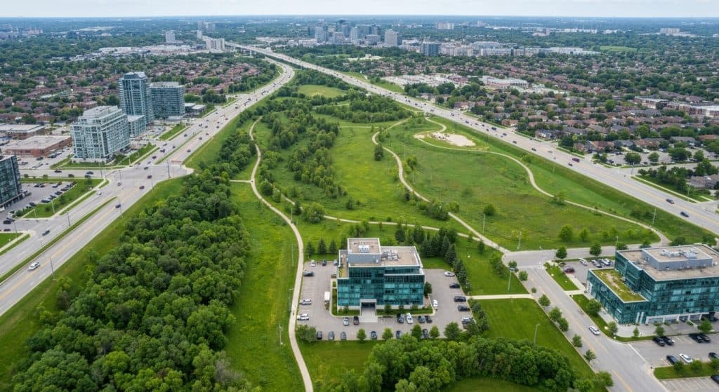 Aerial view of an urban green space surrounded by office buildings, roads, and residential areas, with trees, pathways, and a sports field visible.