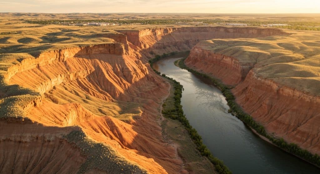 A wide river curves through steep, red rock canyon walls under a partly cloudy sky, with sunlit plateaus and sparse vegetation visible on the landscape.