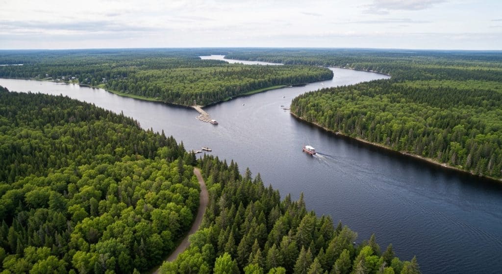 Aerial view of a winding river surrounded by dense green forest, with two boats visible on the water and docks along the shoreline.