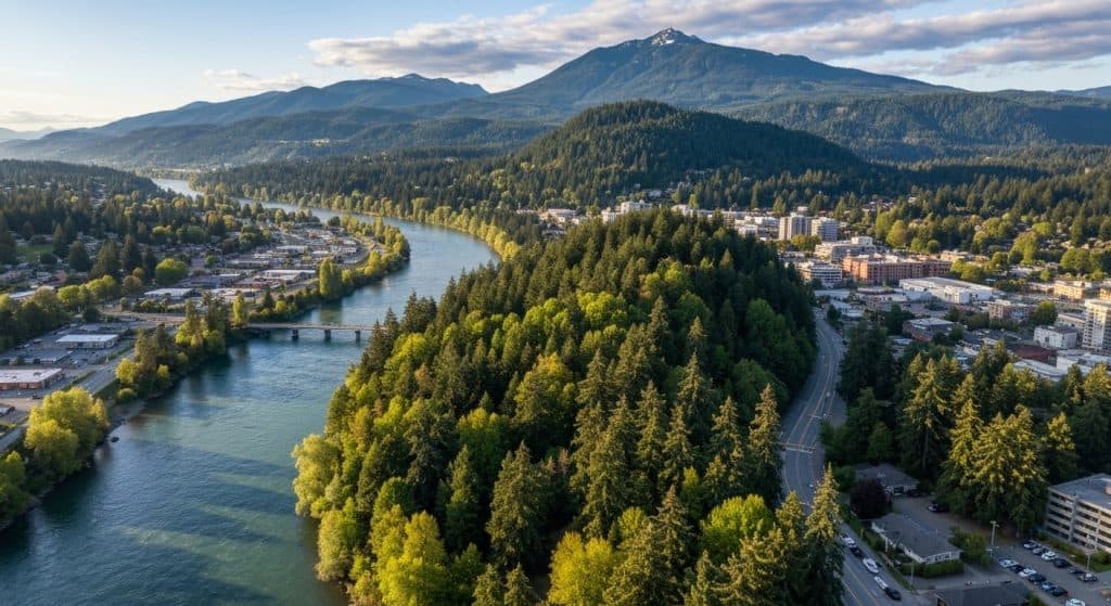 Aerial view of a river curving through a forested area with a bridge, city buildings, and mountains in the background under a partly cloudy sky.