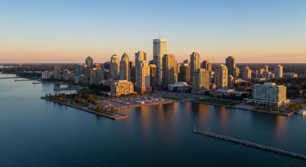 Aerial view of a city skyline with high-rise buildings along the waterfront at sunset, with calm water and a pier in the foreground.