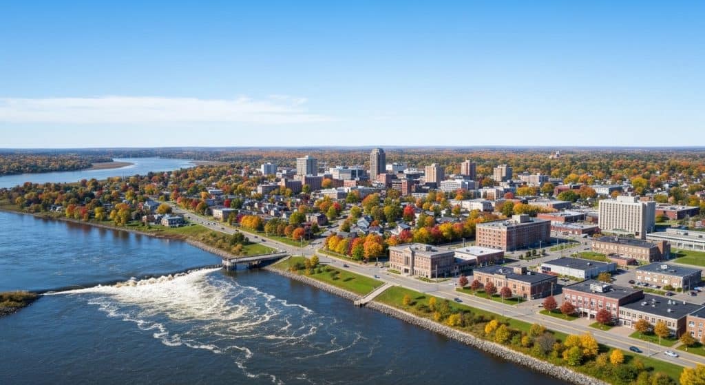 Aerial view of a small city with a river, fall foliage, and a mix of mid-rise buildings and residential areas under a clear blue sky.