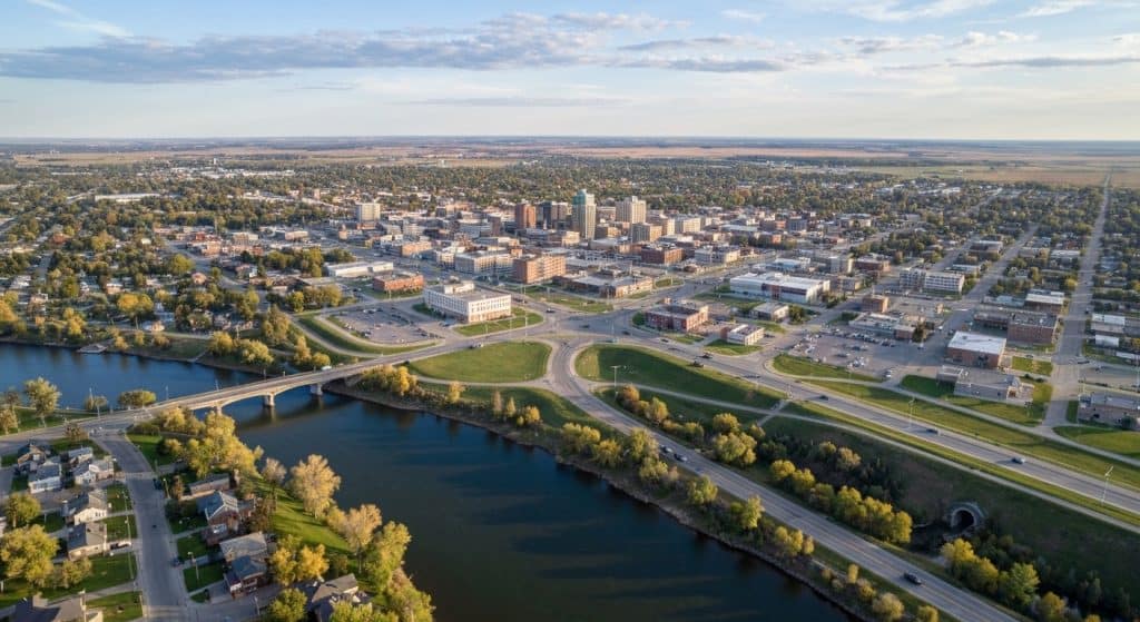 Aerial view of a mid-sized city with a river, bridges, grid-pattern streets, and low-rise buildings surrounded by trees and open land.