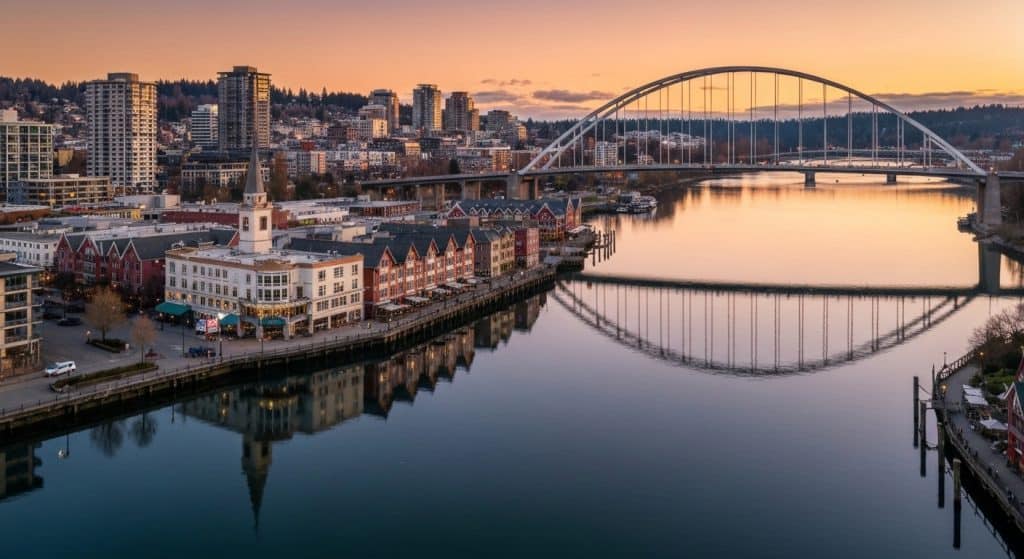 A cityscape at sunset featuring a river, waterfront buildings, and an arched bridge with its reflection visible in the water.