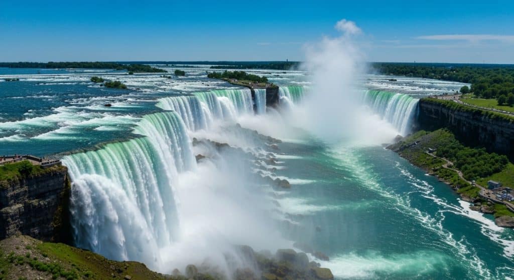 A wide view of Niagara Falls showing large, powerful waterfalls with mist rising and lush greenery on both sides under a clear blue sky.