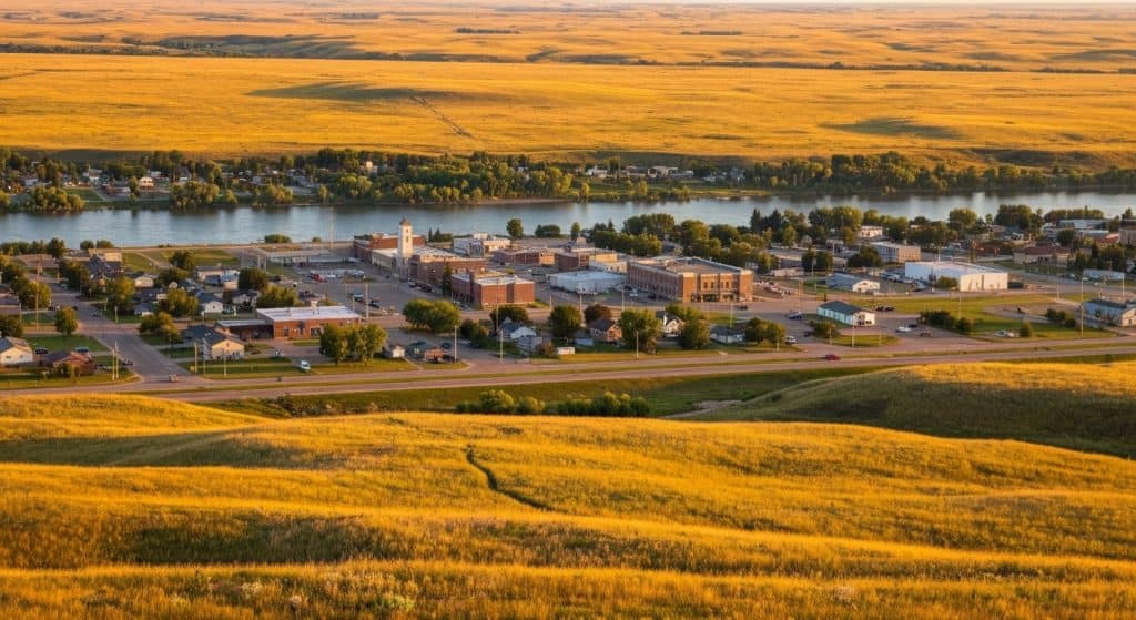 A small town with buildings and streets sits beside a river, surrounded by open fields and rolling hills under a golden evening light.