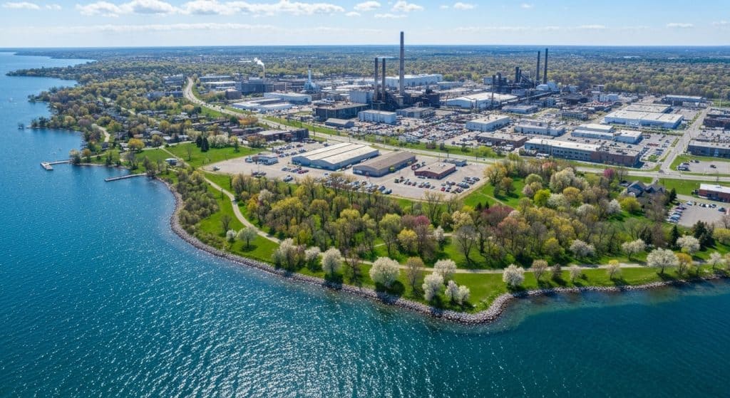 Aerial view of an industrial complex near a waterfront, with buildings, parking lots, green spaces, and trees along the shoreline.