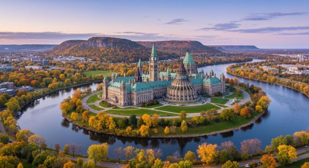 A large government building with green rooftops sits on an island surrounded by a river, with autumn trees and hills in the background under a clear sky.