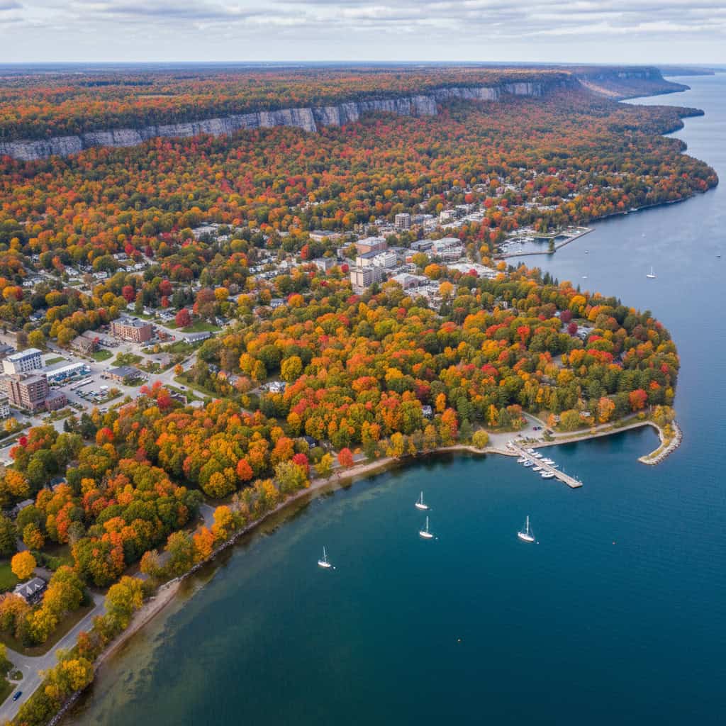 Aerial view of a lakeside town with sailboats on the water, surrounded by autumn trees and a rocky escarpment in the background.