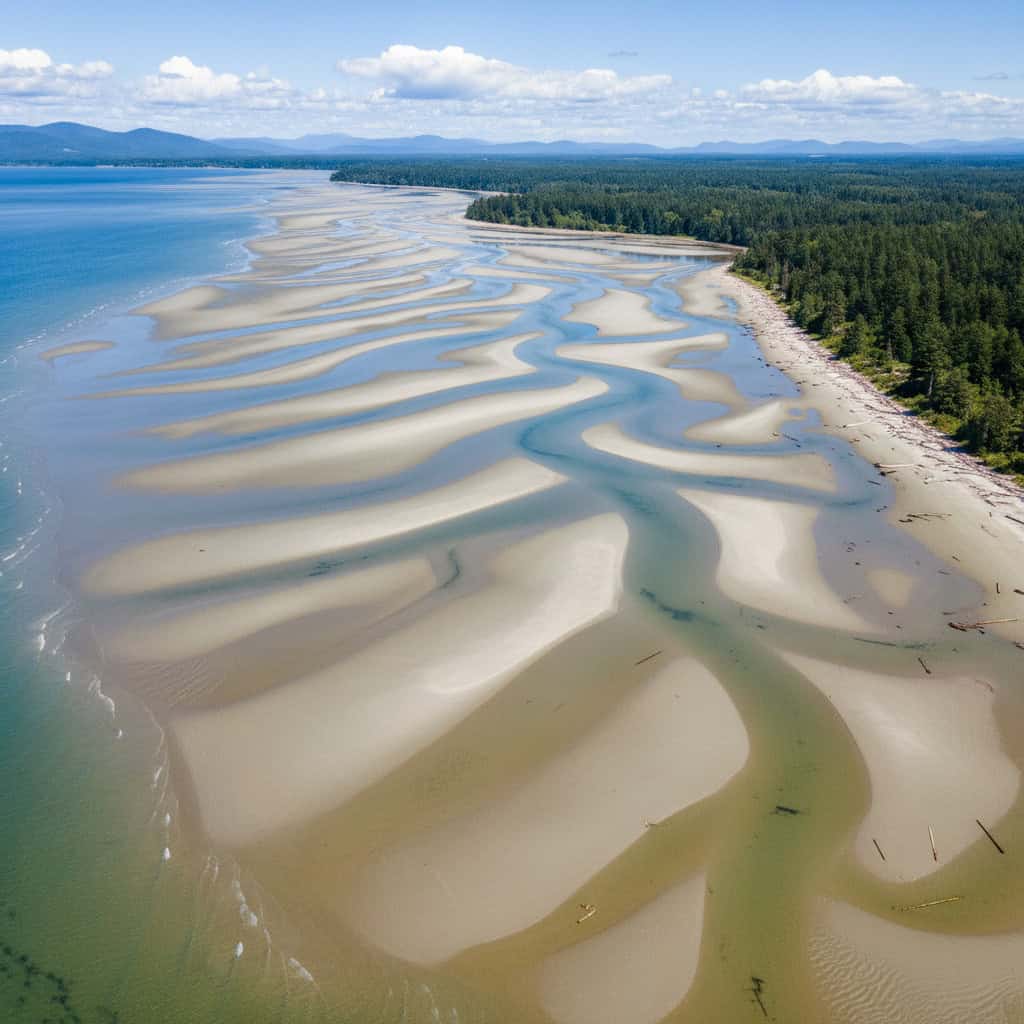 Aerial view of a sandy beach with tidal patterns and shallow water channels, bordered by forest and blue ocean under a partly cloudy sky.