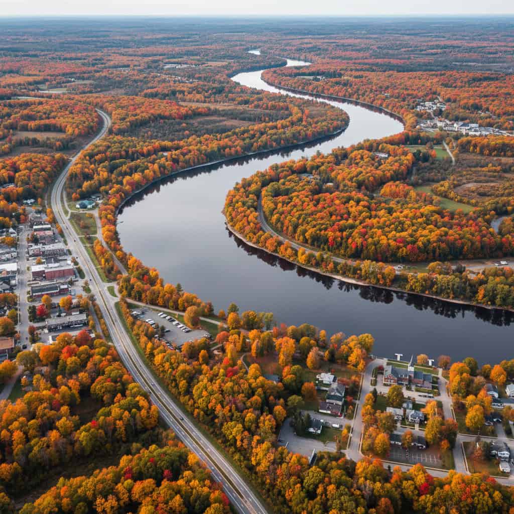 Aerial view of a winding river surrounded by autumn trees, with nearby roads, buildings, and small town structures visible.