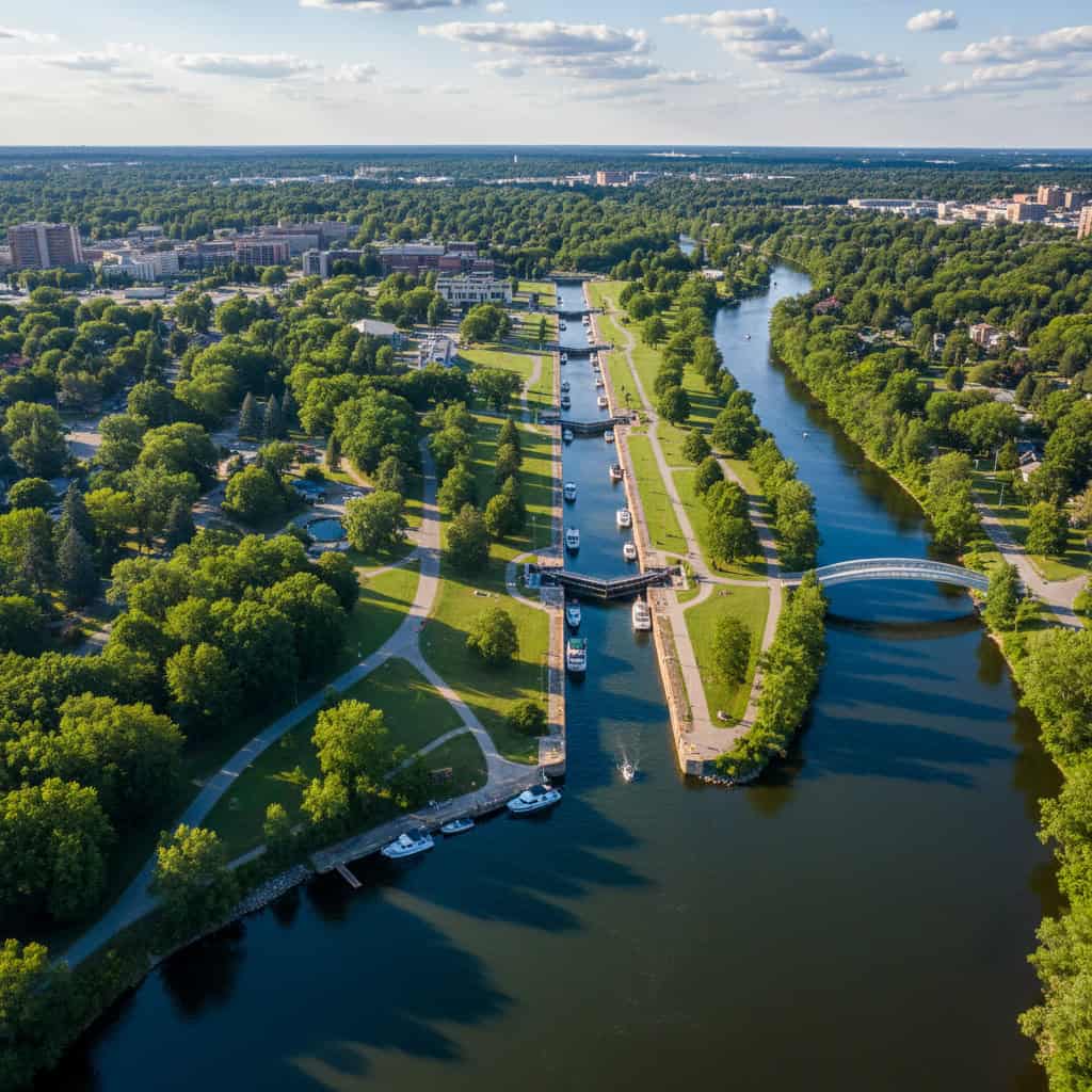 Aerial view of a canal with multiple locks, boats passing through, surrounded by green parks and trees, with a footbridge crossing the water. Urban buildings visible in the background.