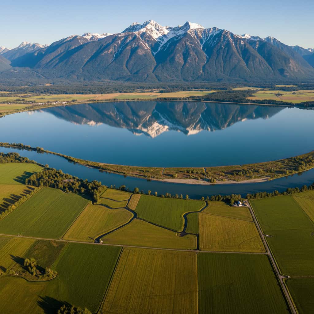 Aerial view of green fields and a reflective lake with snow-capped mountains in the background under a clear blue sky.