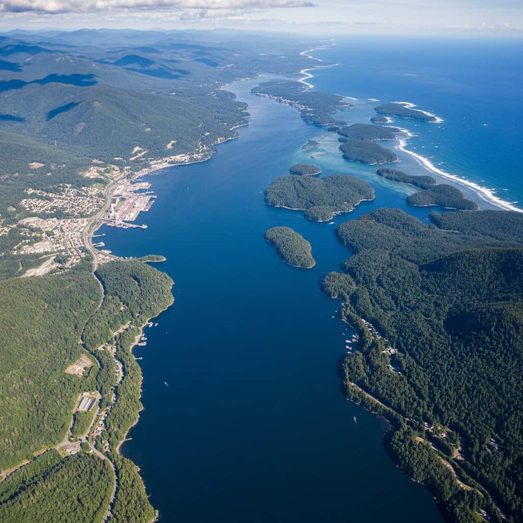 Aerial view of a coastal town surrounded by dense forests, with several islands in a wide inlet and the ocean in the background under a partly cloudy sky.