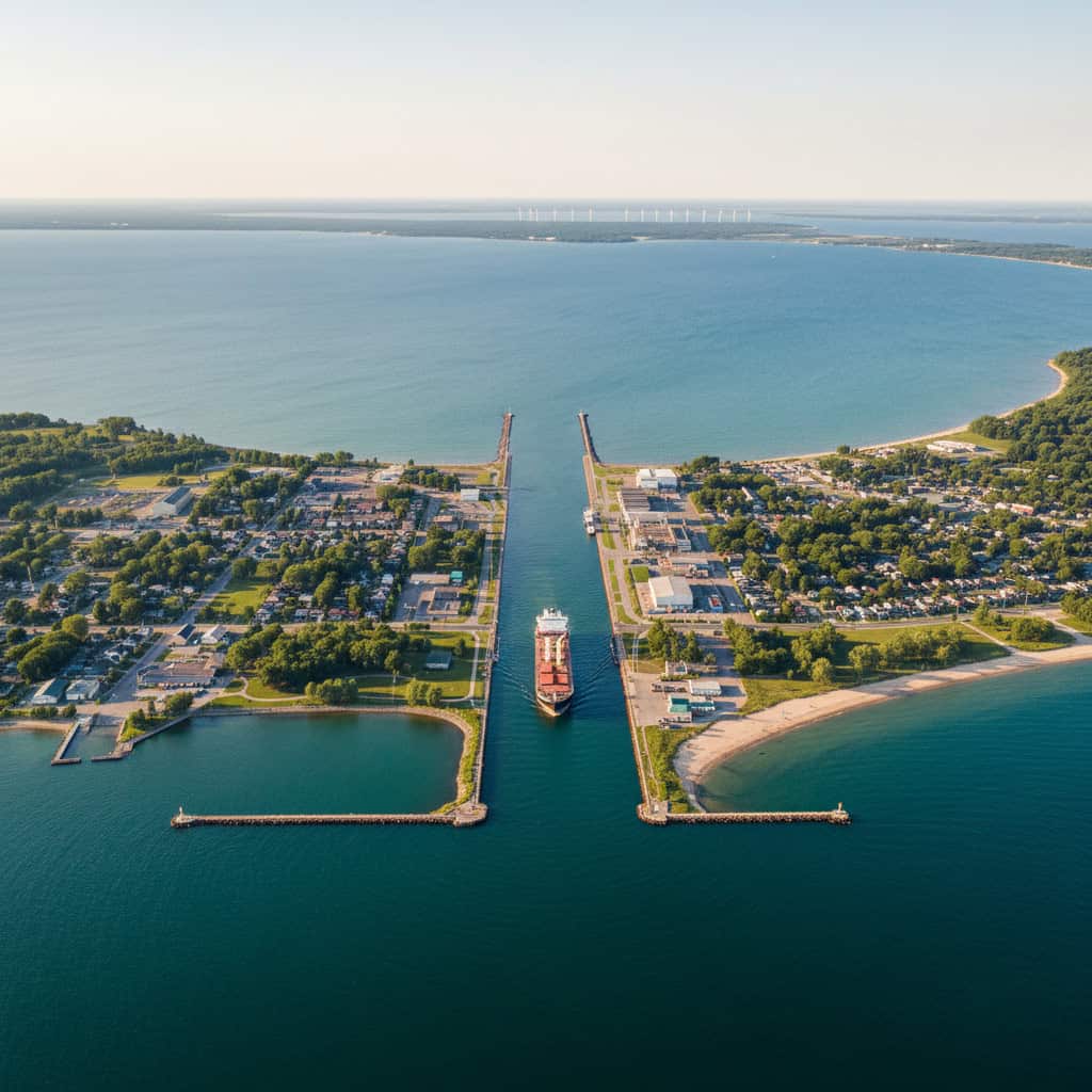 A cargo ship enters a narrow channel between two piers, flanked by towns and beaches on either side, leading from a large lake.