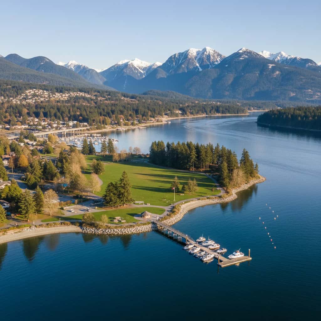Aerial view of a marina with boats, a green park, and mountains with snow-capped peaks in the background on a clear day.