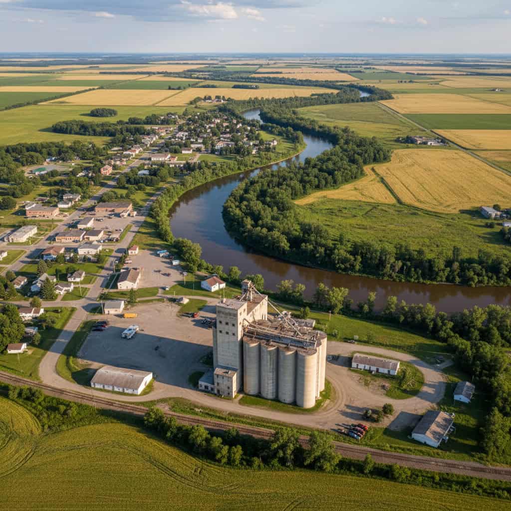 Aerial view of a rural town with grain silos, a winding river, clustered houses, and surrounding farmland under a partly cloudy sky.