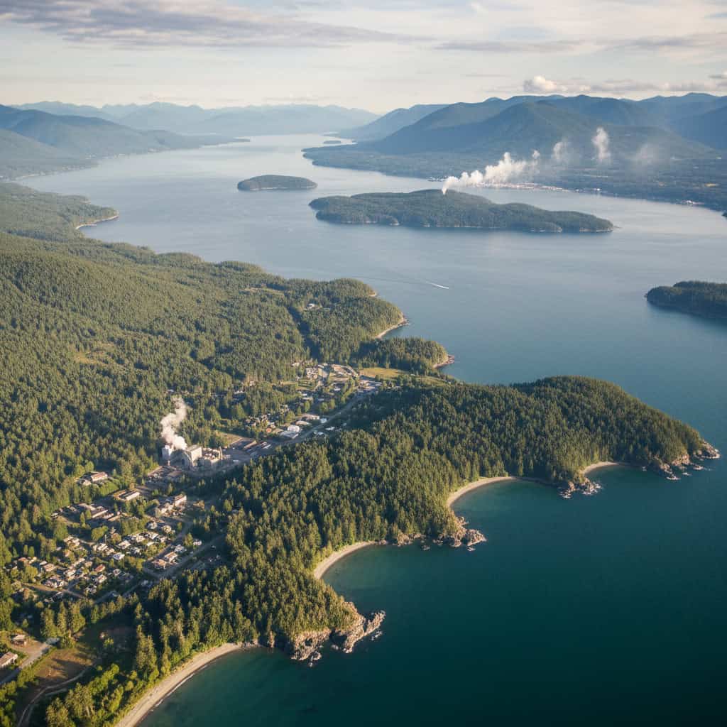 Aerial view of a forested coastal area with inlets, islands, scattered buildings, and visible smoke rising from several locations.