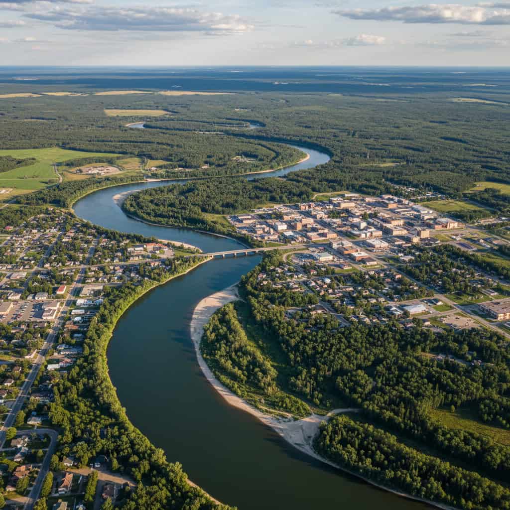 Aerial view of a river curving through a town with a bridge, residential areas, and dense forests under a partly cloudy sky.