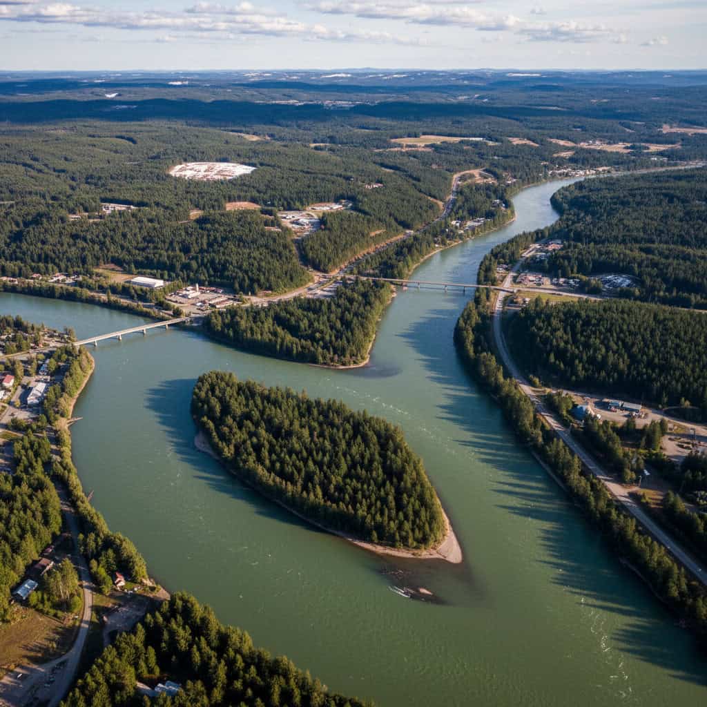 Aerial view of a river with a forested island, surrounded by trees, roads, and a bridge spanning the water under a clear sky.