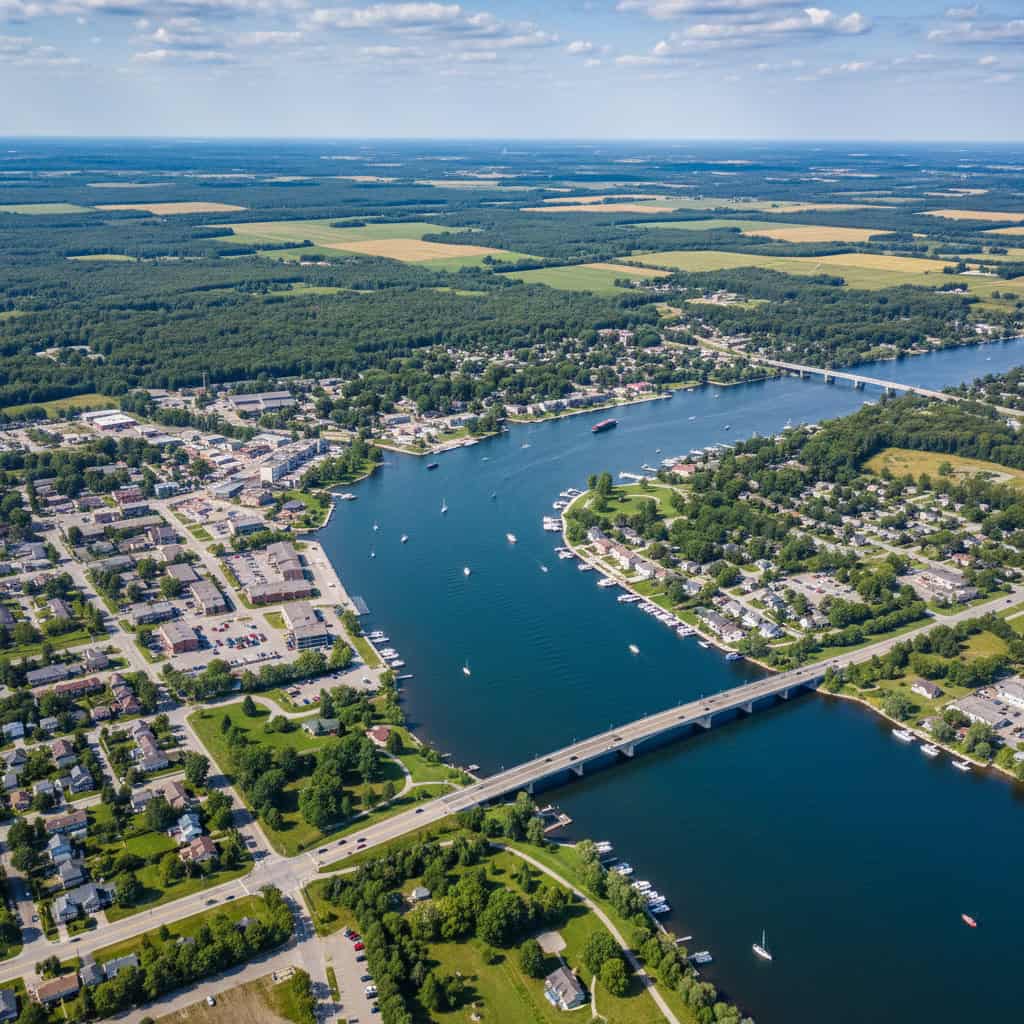 Aerial view of a small town with a river running through it, boats on the water, and a bridge connecting both sides; fields and forests extend into the distance.