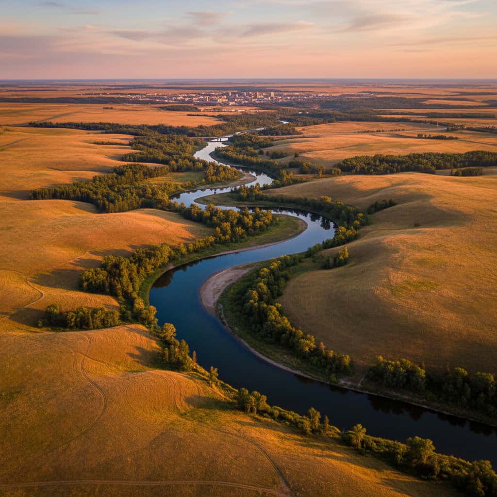 A winding river flows through rolling golden fields with scattered trees under a partly cloudy sky at sunset; a distant town is visible on the horizon.