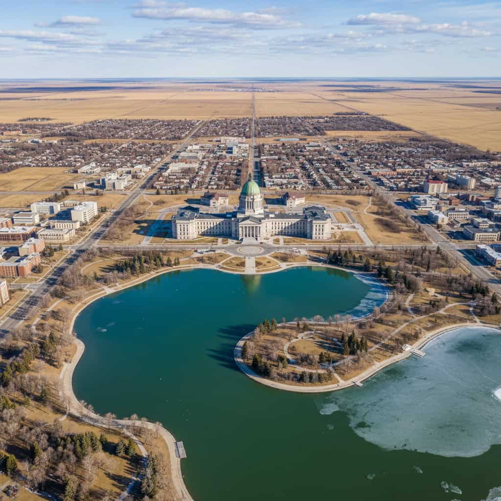 Aerial view of a domed government building with symmetrical grounds, a large pond, and a surrounding cityscape under a cloudy sky.