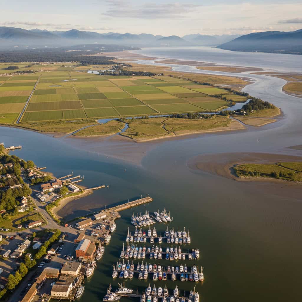Aerial view of a marina with numerous boats, a small town, patchwork farmland, and distant mountains under a partly cloudy sky.