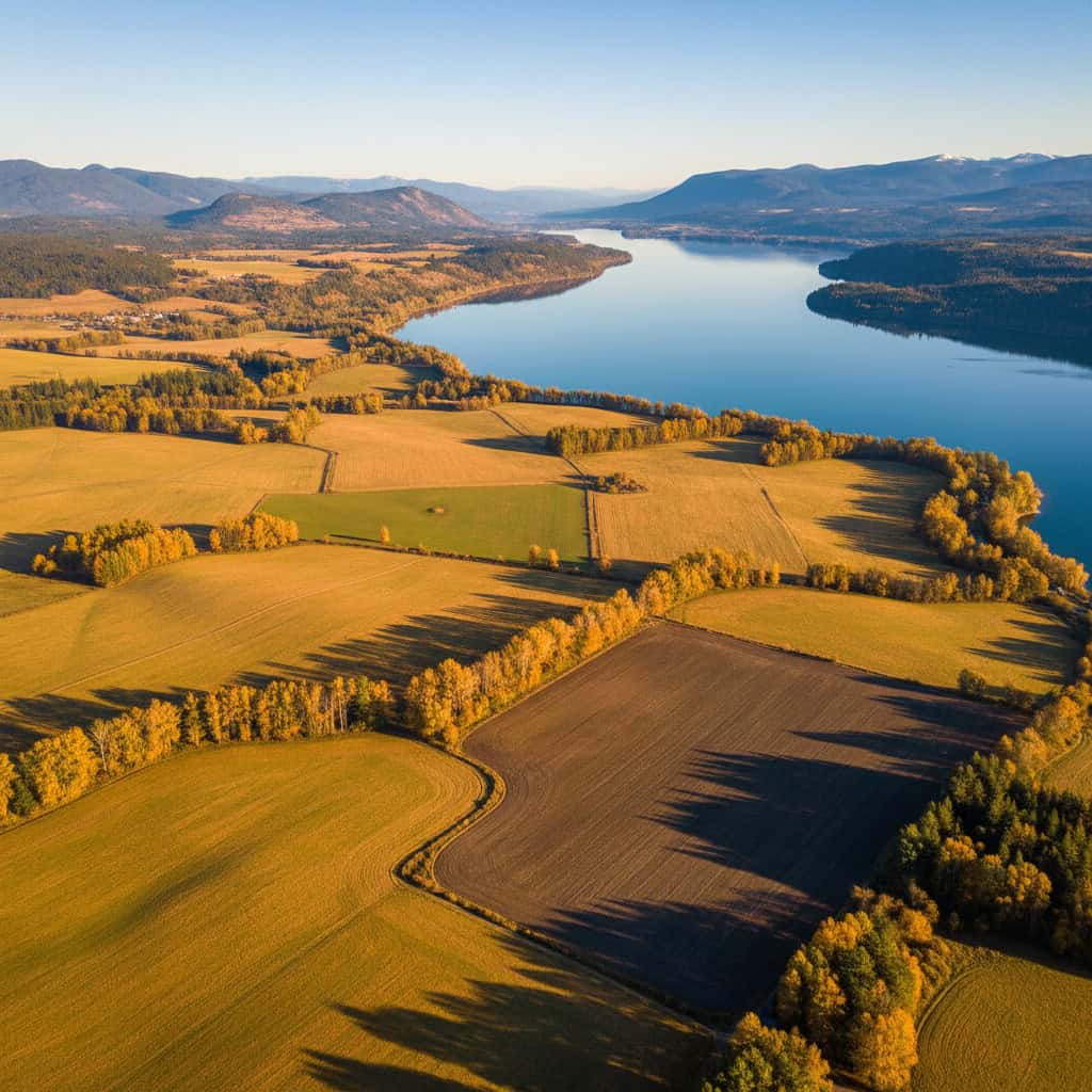 Aerial view of farmland with golden fields, tree lines, and a river reflecting blue sky, surrounded by distant hills and mountains.