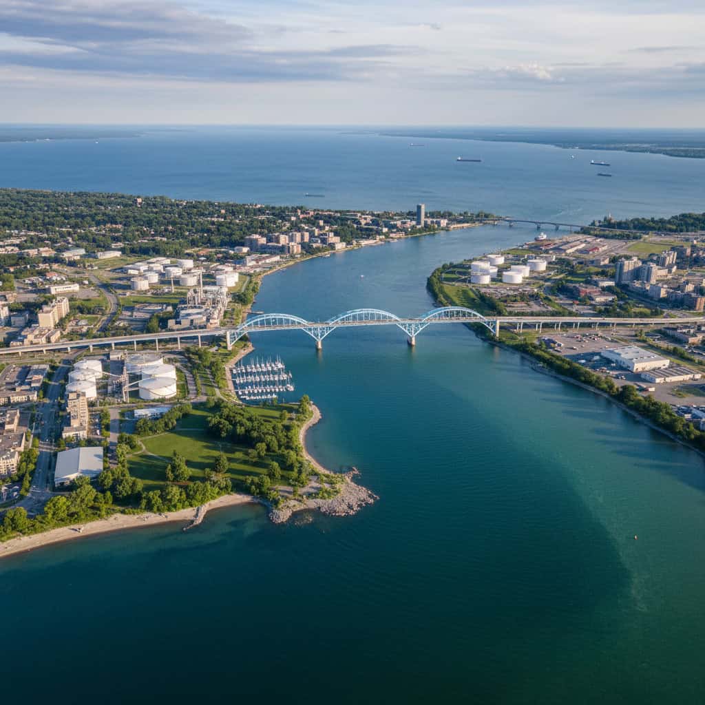 Aerial view of a blue bridge spanning a river, connecting two cities with surrounding greenery, marinas, and distant ships on a large body of water.