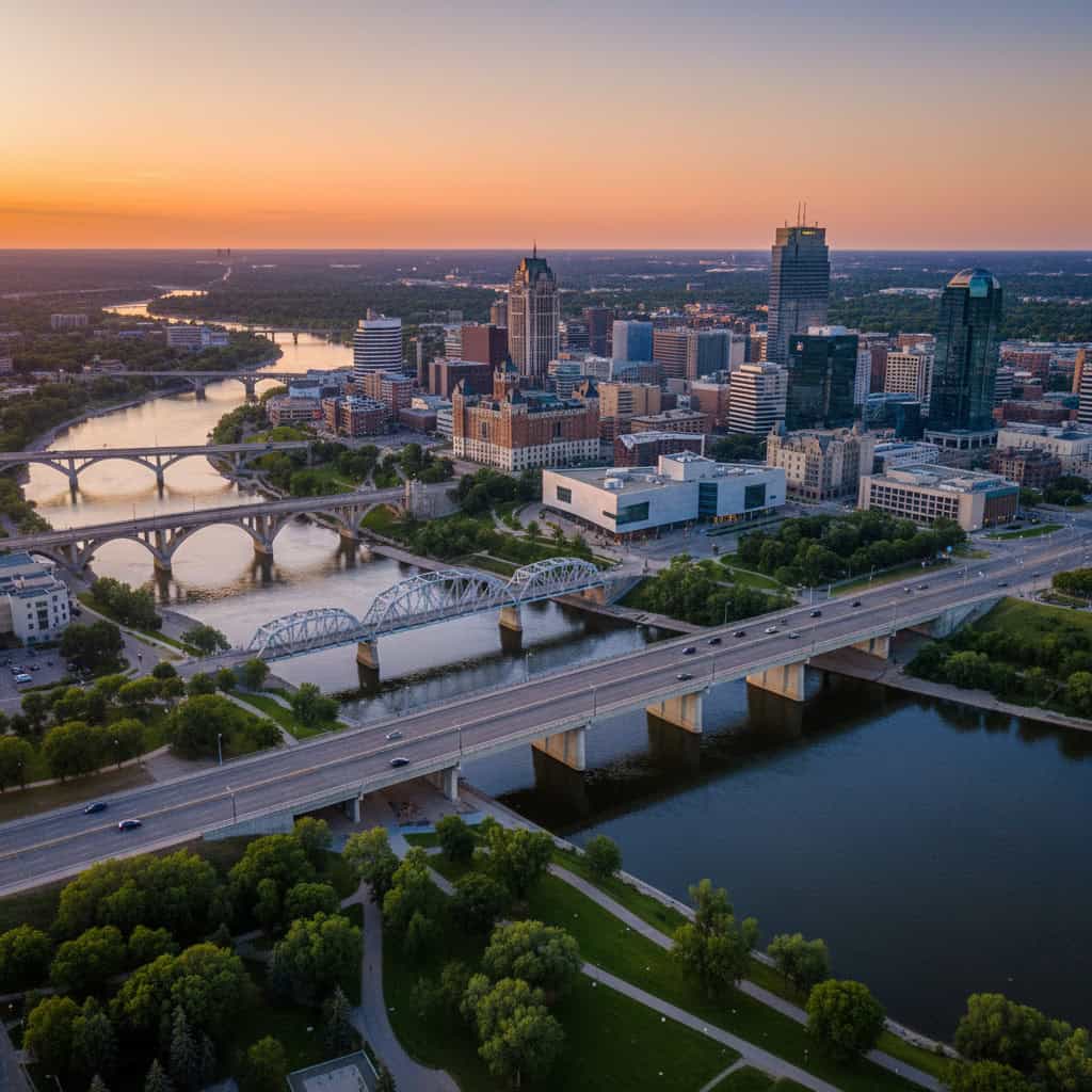 Aerial view of a city with multiple bridges crossing a river, high-rise buildings downtown, and a sunset in the background.