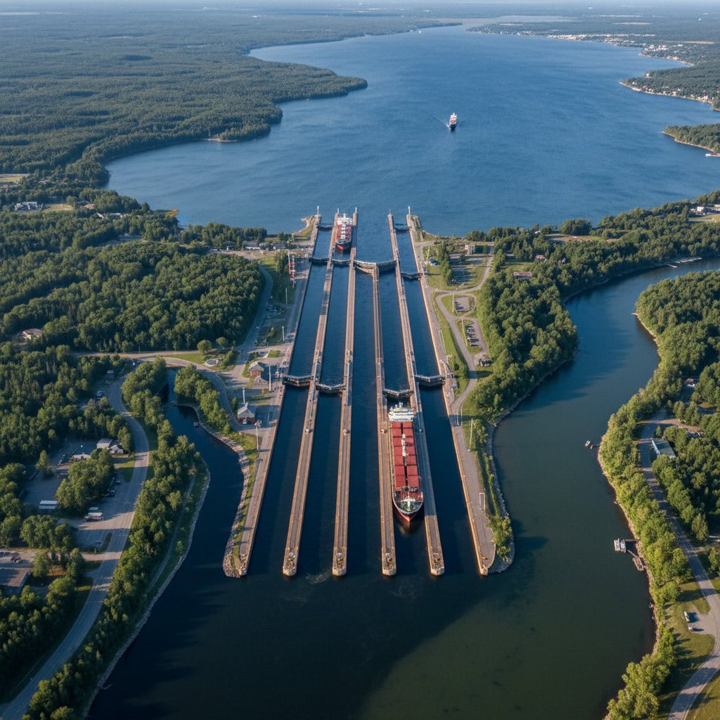 Aerial view of Soo Locks with multiple ships passing through parallel lock channels, surrounded by greenery and water, connecting Lake Superior and the lower Great Lakes.