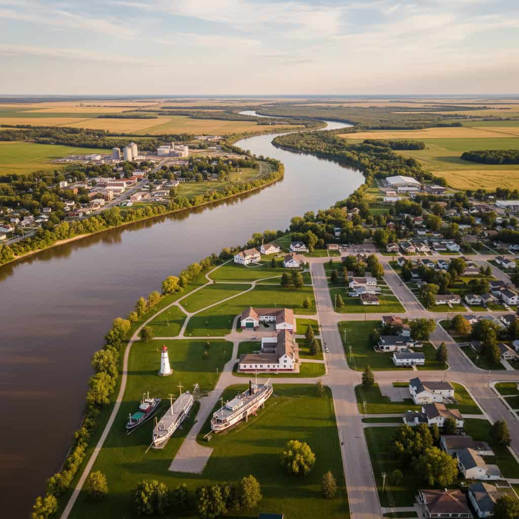 Aerial view of a small town with a river, green fields, docked boats, a lighthouse, and residential streets under a partly cloudy sky.