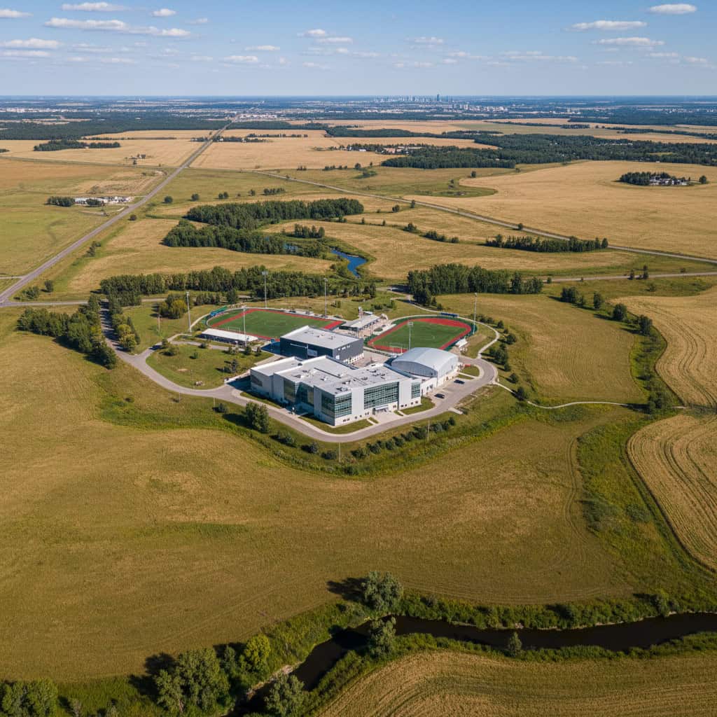 A modern building complex with sports fields is surrounded by farmland and open fields, with a city skyline visible in the distant background.