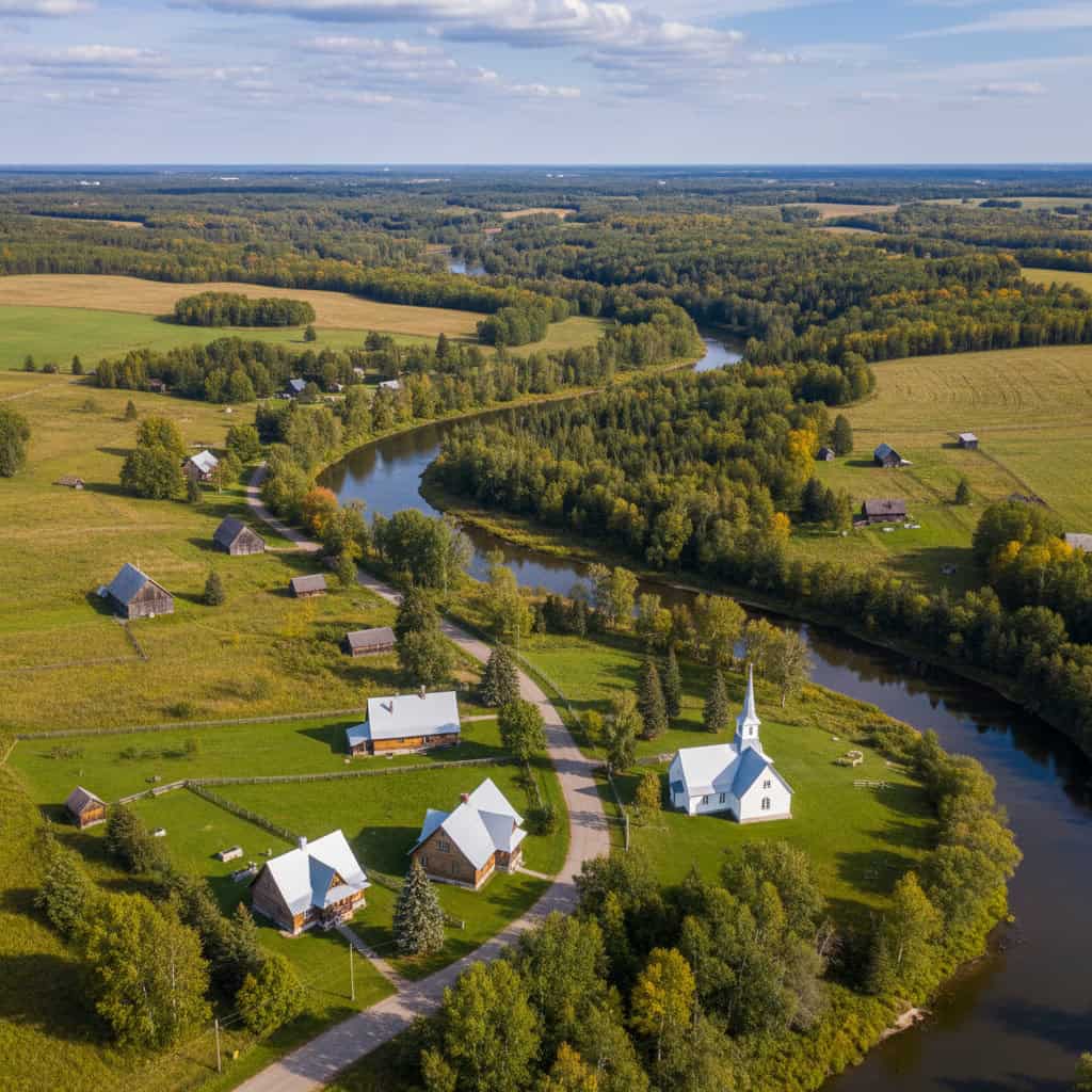 Aerial view of a small rural village with houses, a white church, a winding river, fields, and dense green trees under a partly cloudy sky.