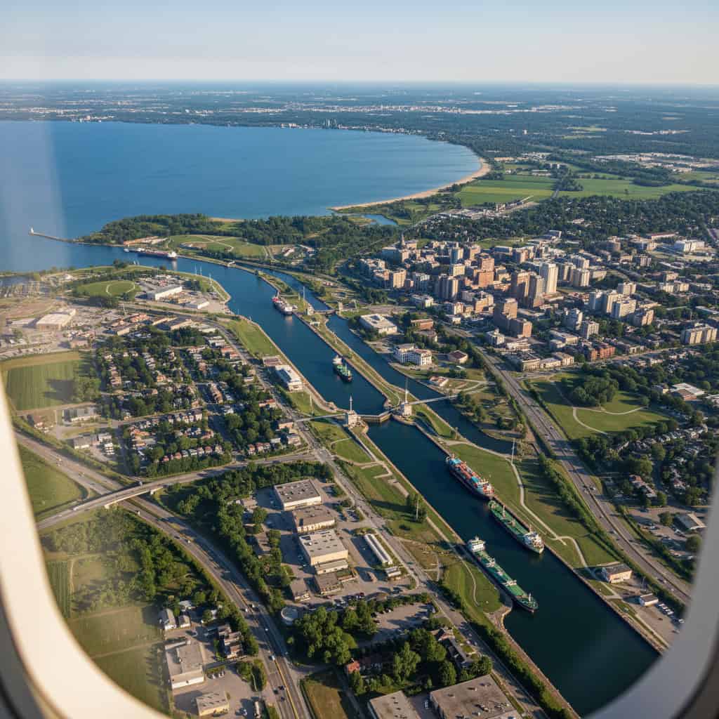 Aerial view from an airplane window showing a cityscape, a canal with several ships, residential and industrial areas, and a large body of water in the background.