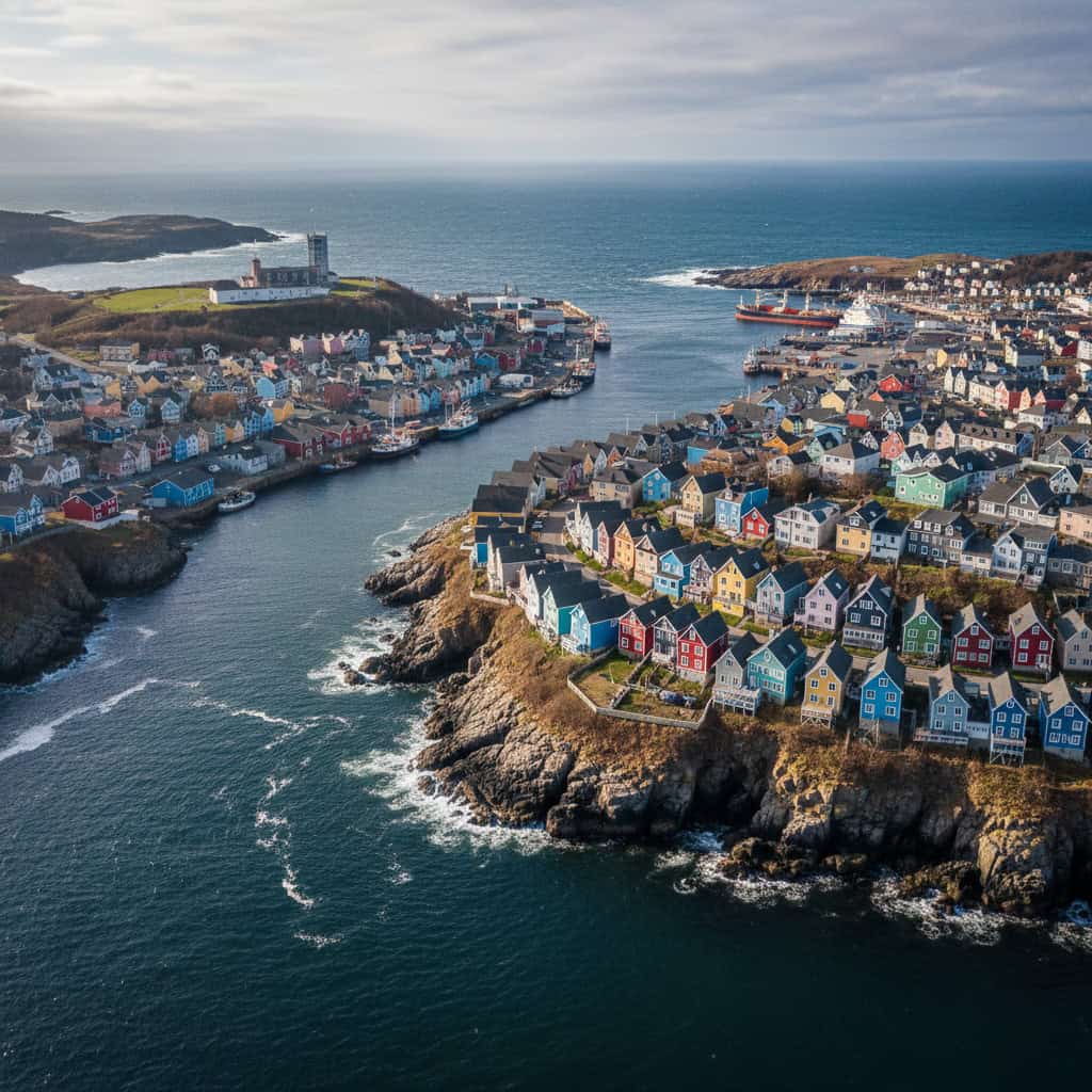 Aerial view of a coastal town with colorful houses on rocky peninsulas, surrounded by the sea under a partly cloudy sky.