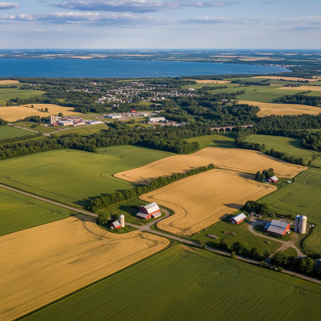 Aerial view of a rural landscape with fields, farms, barns, silos, a small town in the distance, and a body of water beyond.