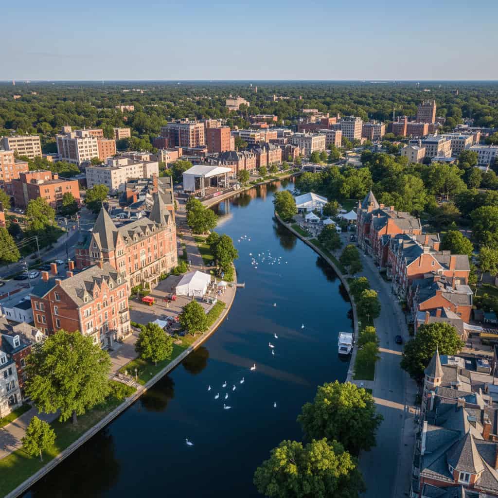 Aerial view of a cityscape with a river running through the center, surrounded by historic buildings, trees, and groups of white birds on the water.