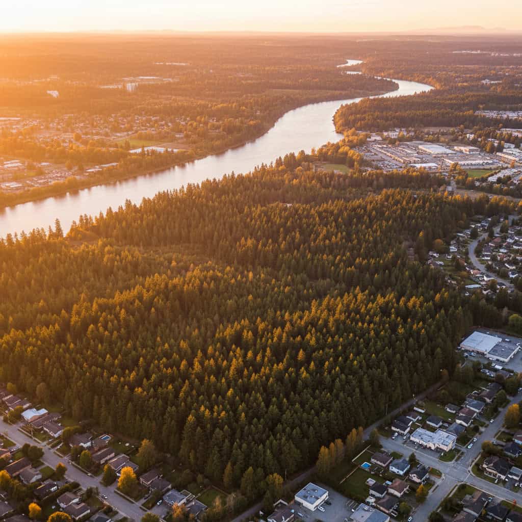 Aerial view of a river winding through a densely forested area, with residential neighborhoods on either side, during sunset.