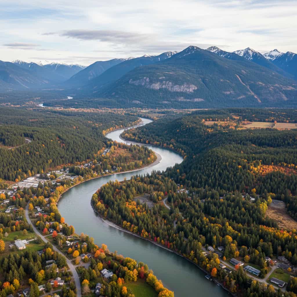 A wide river curves through a forested landscape with autumn foliage, houses scattered along the banks, and mountains in the background under a cloudy sky.